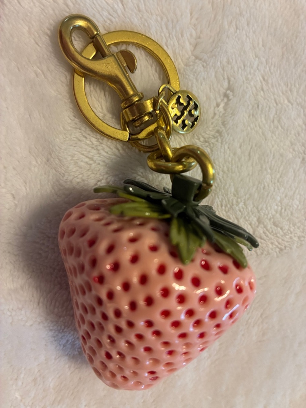 Tory Burch Pink Strawberry Charm Keyring with Gold Hardware - Picture 7 of 7